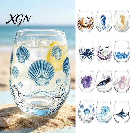 Personalized Daily Use Glassware Stemless Wine Glasses with Marine Animal Pattern, 420ml Capacity, High Borosilicate Halloween Themed Drinking