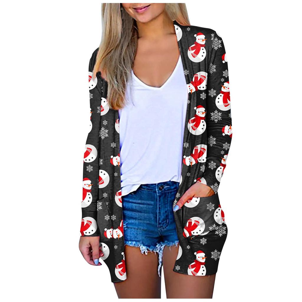 Kvinners jul med lange armer foran cardigan trykt topp lett jakke