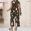 Women Plus Size V Neck Sleeveless Christmas Printed Red Wide Leg Pants Set With Pockets
