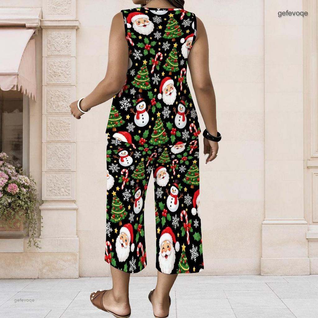 Women Plus Size V Neck Sleeveless Christmas Printed Red Wide Leg Pants Set With Pockets