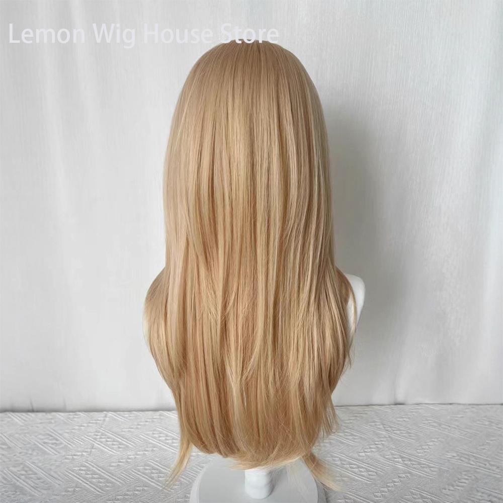 Flax Gold Synthetic Wig with Bangs Long Straight Hair High-Layered Lolita Wigs for Women's Daily Cosplay Wig Heat Resistant