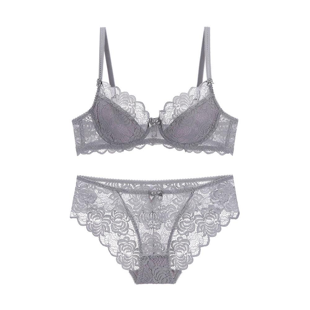 European and American Bra Set with Underwire and No Sponge Thin Double-layer Mesh Lace Underwear