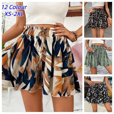 Women New Floral Print Drawstrings Elastic Waist Shorts Summer Fashion Bohemian Beach Bottom Loose Wide Leg Ruffle Hem Shorts