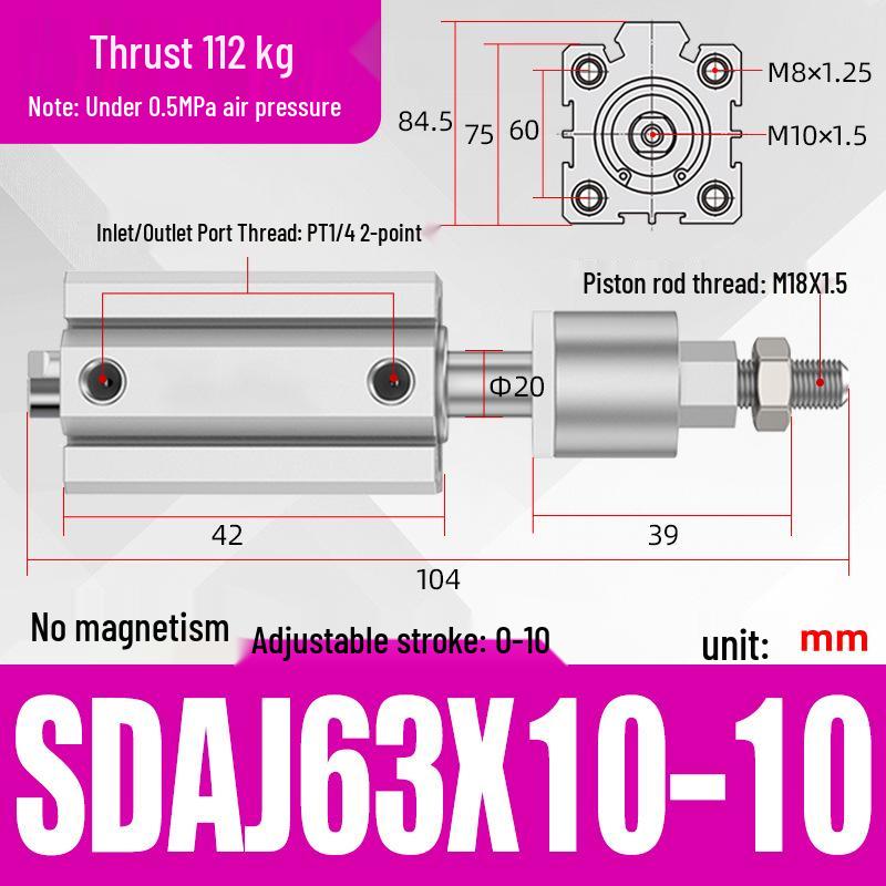 Adjustable Stroke Pneumatic Thin Cylinder - Piston Rod Sizes: 16/20/25/32/40/63