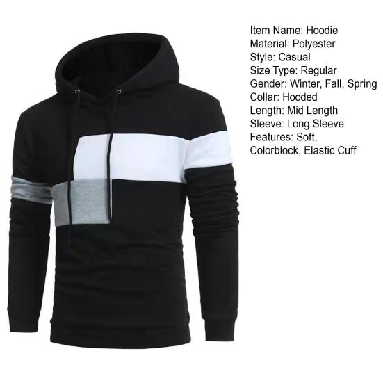 Men Winter Hoodie Pullover Colorblock Long Sleeves Drawstring Hooded Keep Warm Soft Mid Length Spring Hoodie for School
