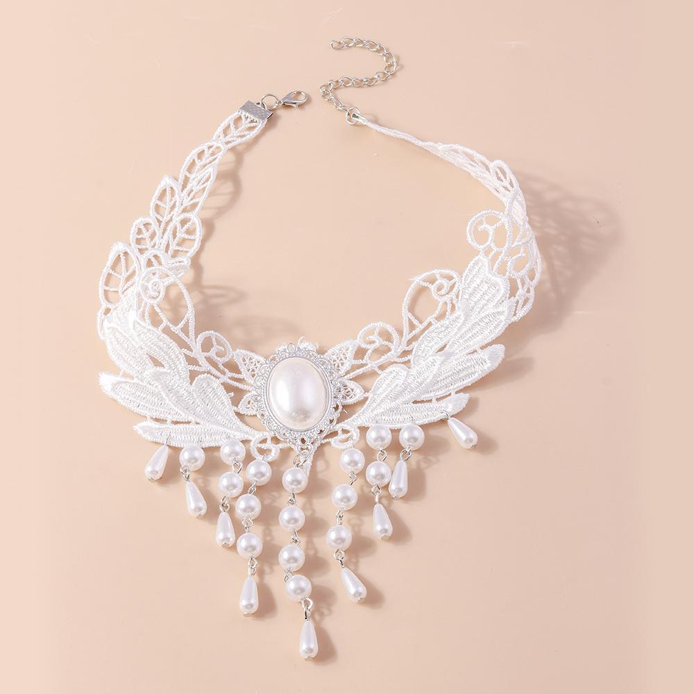Fashion White Lace Embroidery Necklace Pearl Tassel Choker Neaklaces for Women Party Wedding Jewelry Gifts
