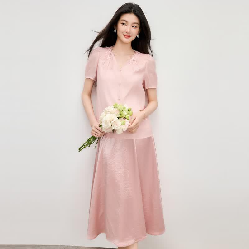 Qiushui Yiren V-Neck Puff Sleeve Two-Piece Set XL