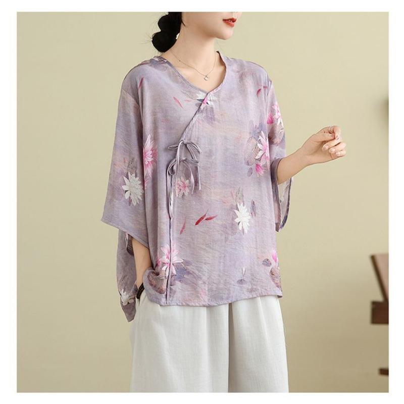New Chinese Style Plus Size Women's Summer Thin Loose V-neck Three-quarter Sleeve Printed Short-sleeved T-shirt Top