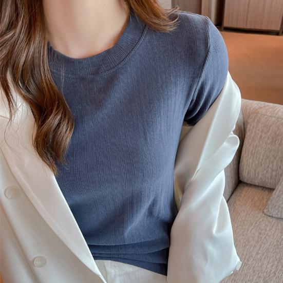 Women Bottom Tops Round Neck Long Sleeve Slim Fit Pullover Tops Solid Color Design Ribbed Texture Tee Shirt