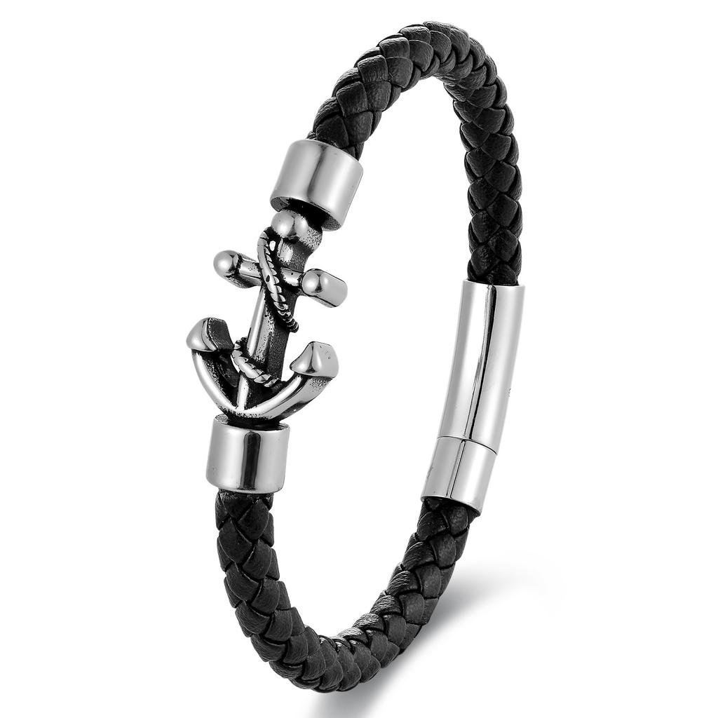 Pulsera de Cuerda de Moda para Hombre Pulsera de Cuero de Doble Capa Accesorios de Acero Inoxidable Homme Regalo de Joyería para Amante Esposo