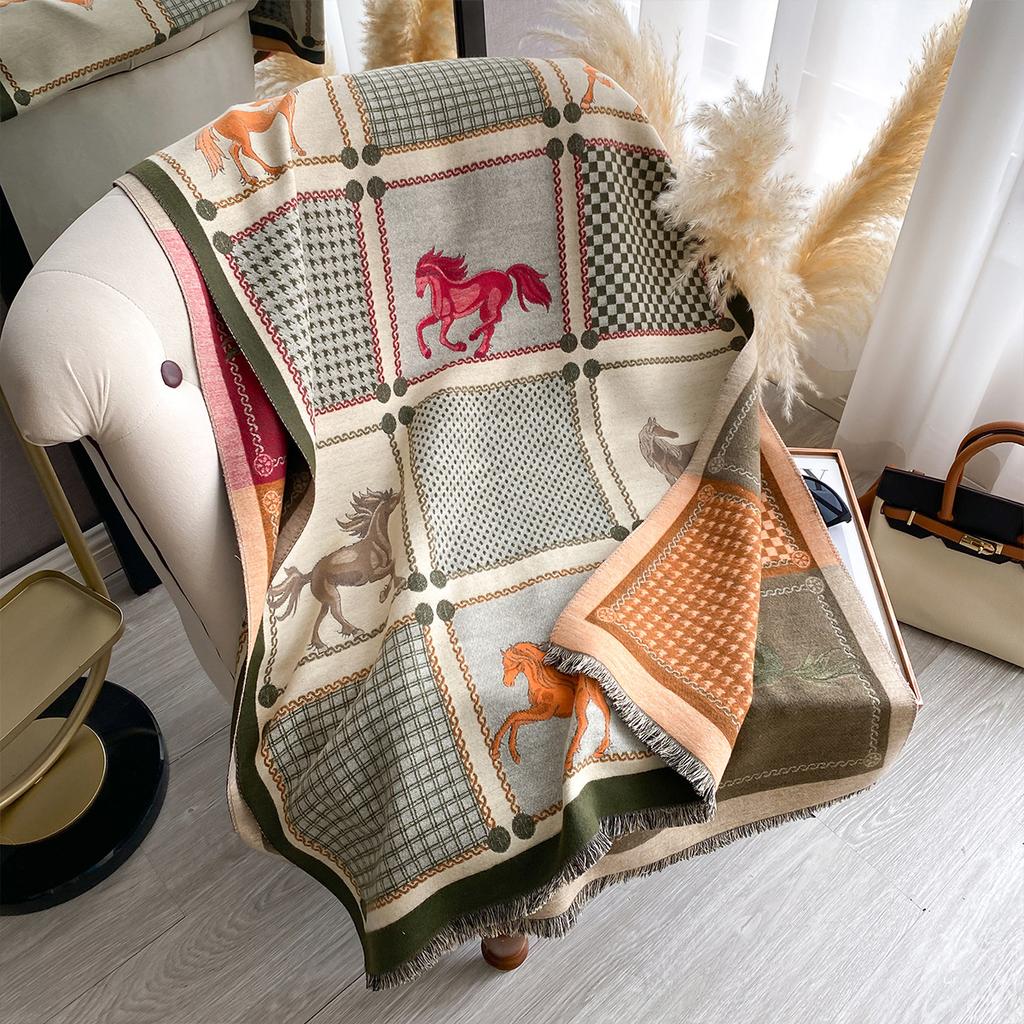 New Women Imitation Cashmere Two-Side Plaid Horse Print Scarf Soft Warm Pashmina Shawl Autumn Winter Coldproof Windproof Blanket