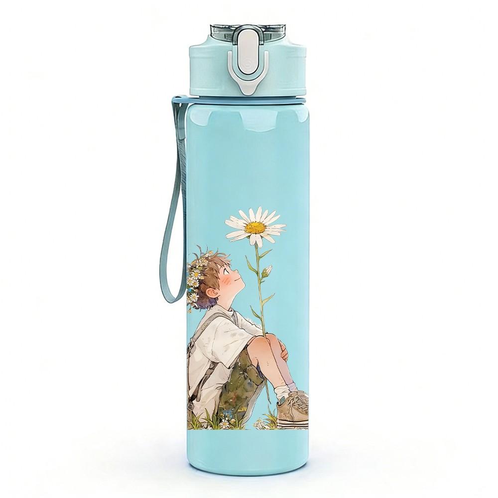 1PC Retro Girl Relax Graffiti Print 750ml Color Plastic Sports Water Bottle Leakproof Flip Straw Lid Suitable for Sports Office Home Use