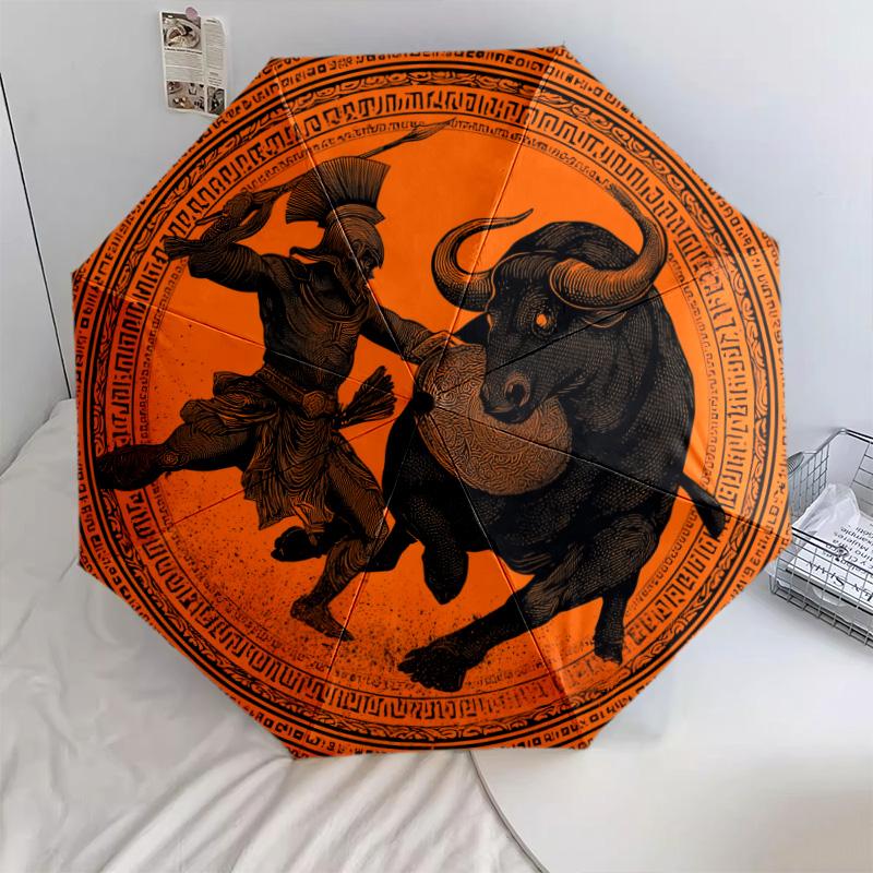 Warrior Cow pattern, automatic folding umbrella, portable and foldable design, 8 ribs, a Christmas or birthday gift.
