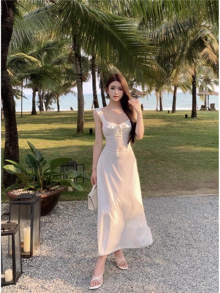 Elegant White Spaghetti Strap Backless Dress for Women - Summer 2026 Fairy Beach Photoshoot Long Dress
