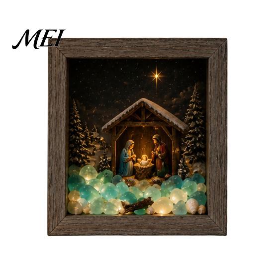 Wooden Landscape Ornament Christmas Snowy Night Light Picture Frame, Vintage Frame 3D Mini Lighted Shadow Box Lamp, Desktop Atmosphere Decor
