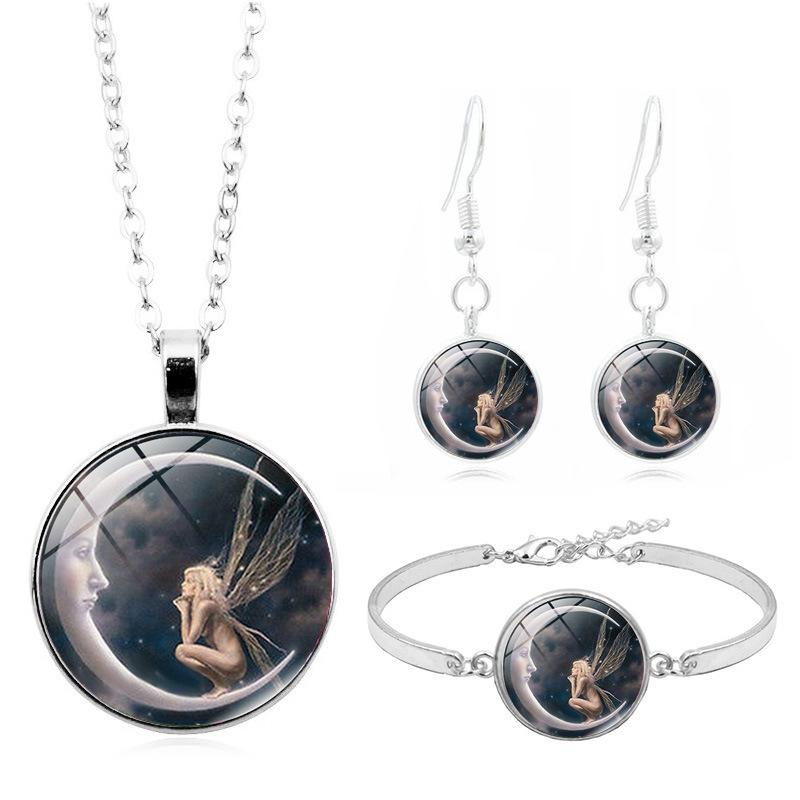 Moon Elf Angel Fairy Cabochon Glass Pendant Necklace Bracelet Earrings Jewelry Set Totally 4pcs For Women 'S Fashion Jewelry