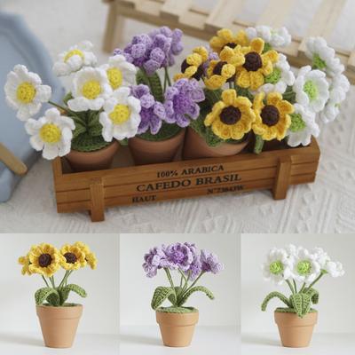 Handgewebte gehäkelte Gänseblümchen-Bonsai, handgefertigte Blumen, eingetopft, künstliche, handgestrickte Ornamente, Kunsthandwerk für Auto, Büro, Tisch, Heimdekoration