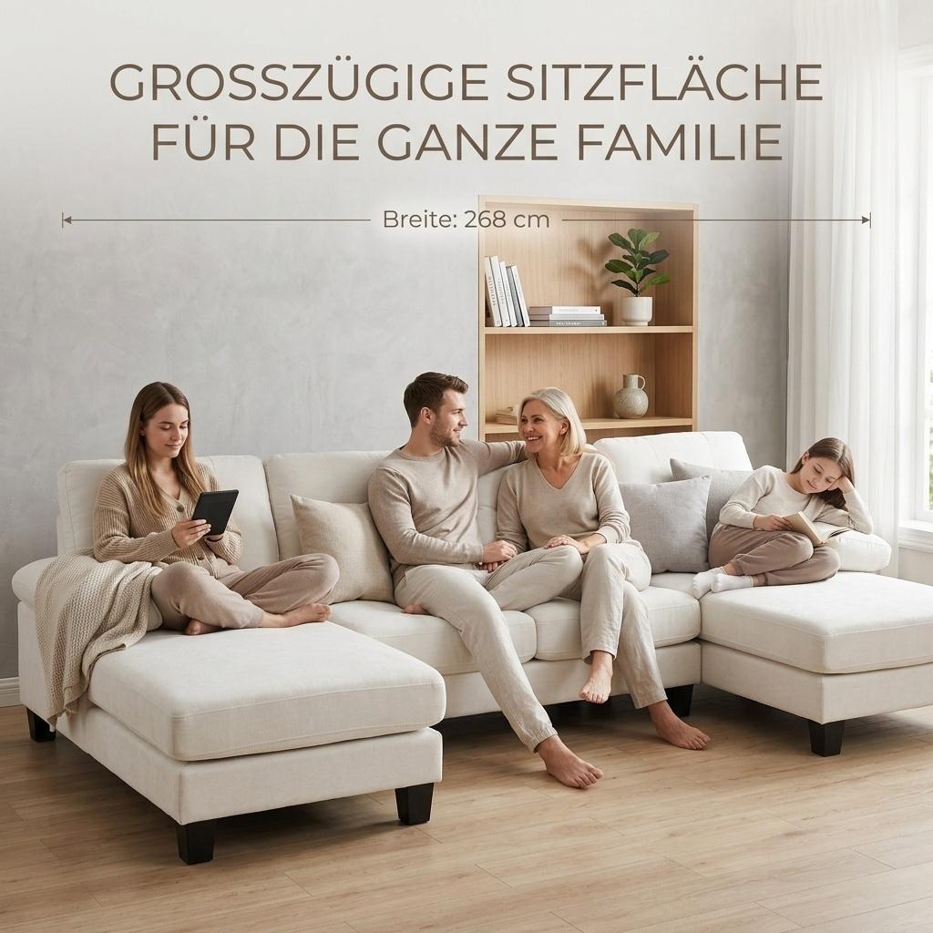 Divano Angolare a U a 4 Posti con Chaise Longue, Divano Moderno in Chenille, Divano Letto con Schienale Regolabile, Divano per Ospiti per Soggiorno e Ufficio, Beige