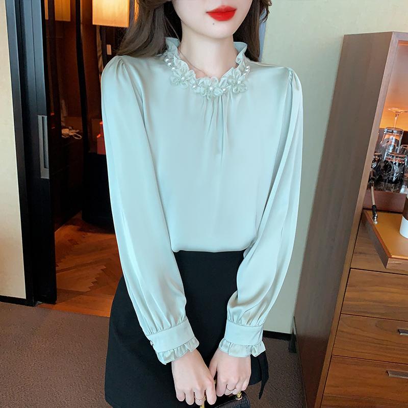 2025, nouă primăvară, elegante, bluze pentru femei, cămăși cu mâneci lungi, cu mărgele, cu gâtul O, bluză din șifon, cămașă pentru femei, topuri J773