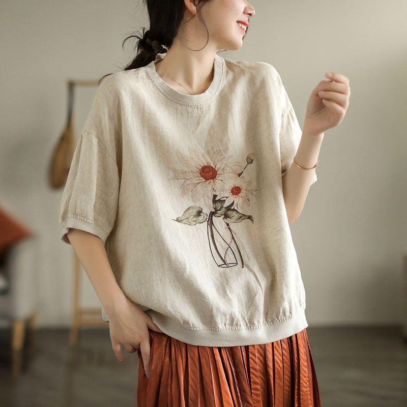 Summer  Retro Cotton Linen Tops Women Cotton Large Size T-shirt Polo Neck Loose Printed Casual Pullover T-shirt Top