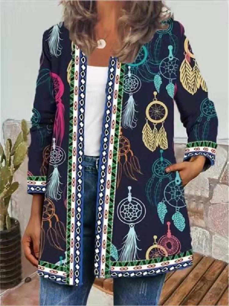 Women's Crew Neck Long Sleeve Cardigan Oversized Vintage Ethnic Print Plus Size Open Front Jacket Casual Outerwear