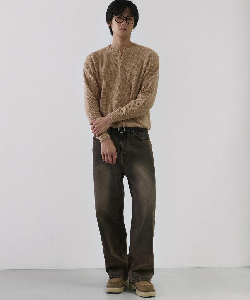 NODU Waffle Henley Neck Knit [Beige]