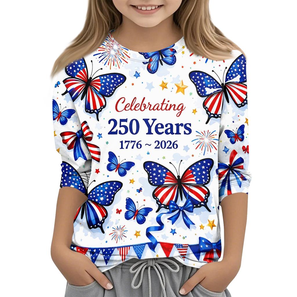 Children's Independence Day Printed Round Neck Seven Quarter Sleeve Casual T-shirt