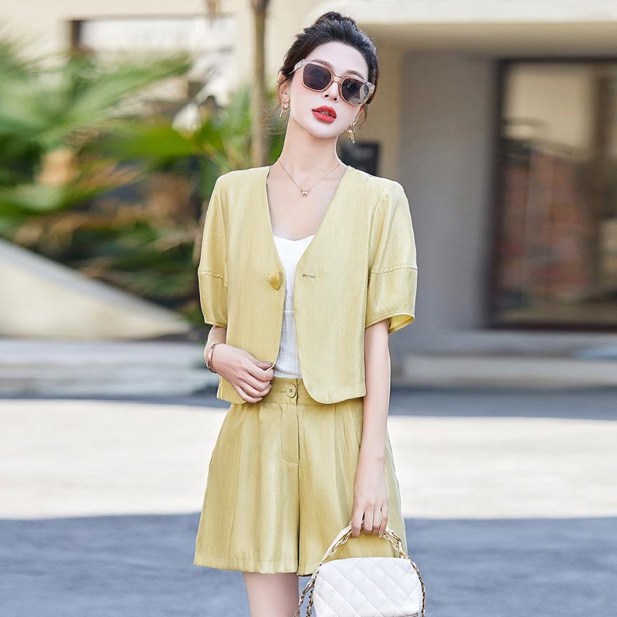 

Цельное платье, французская мода, соленый свет и спелая летняя одежда, полный комплект шорт с коротким рукавом и V-образным вырезом, комплект-двойка для женщин XXL жёлтый