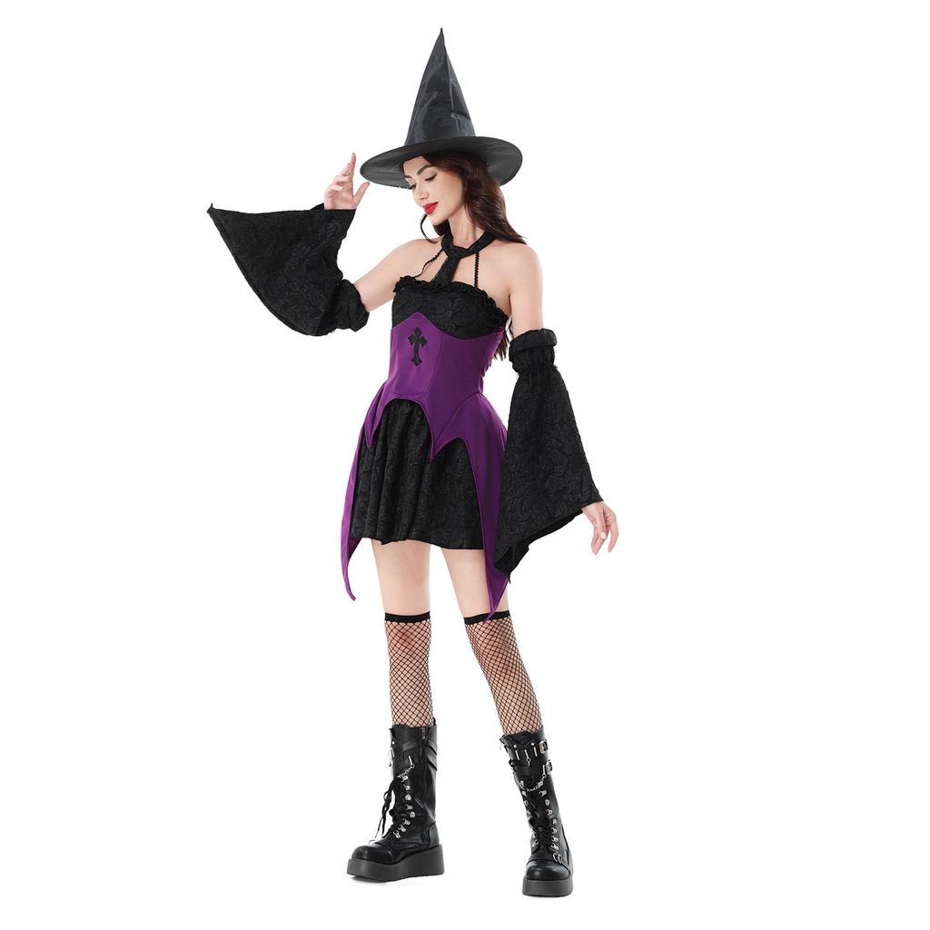 Halloween costume magic witch costume dark goth cross witch hat carnival costume dress