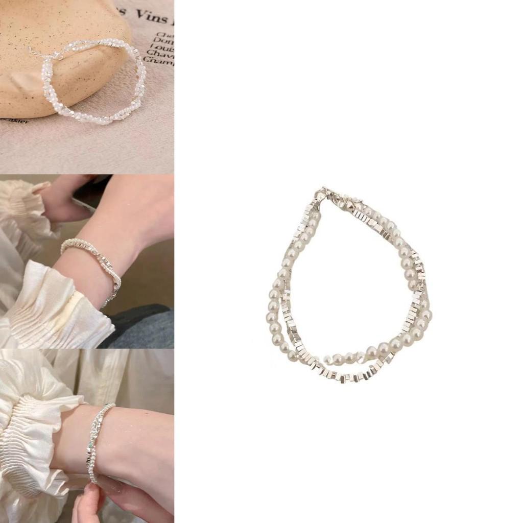 Elegant Double Layer Pearl Beaded Bracelet For Women With Luxurious Design And Irregular Silver Accents