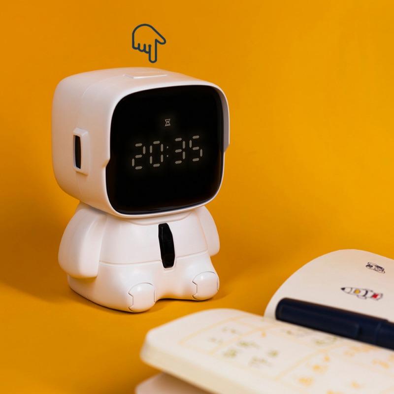 Cartoon Big Head Robot Digital Alarm Clock 12/24H Snooze Countdown Timer LED Adorable Emoji Display for Kids Desk Bedside Decor