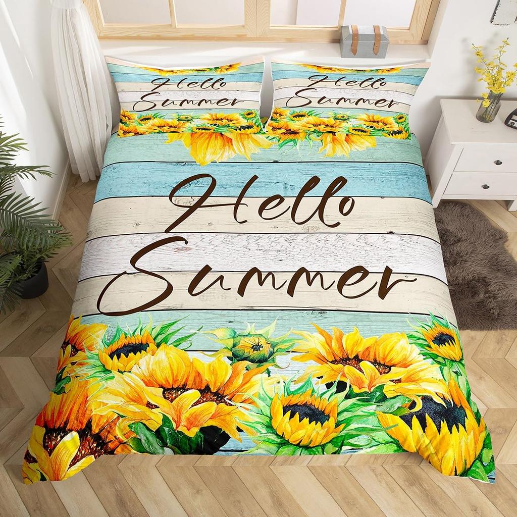Hello Summer Comforter Cover Yellow Sunflower Bed Set,Farmhouse Duvet Cover Brown Stripe Old Wood Door Green Leaves Bedding Sets