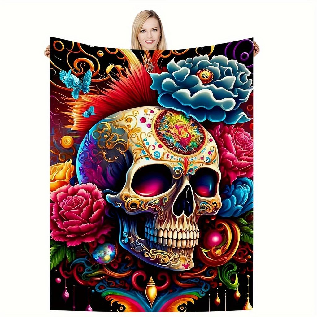 Decorative Throw Blanket with Intricate Skull Motif Art for Modern Sofa, Bed, Living Room, and Home Space Styling