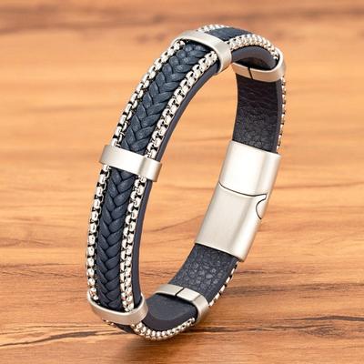 Men's Black Bully Stainless Steel Leather Rope Bracelet Simple Fashion Punk Bracelet