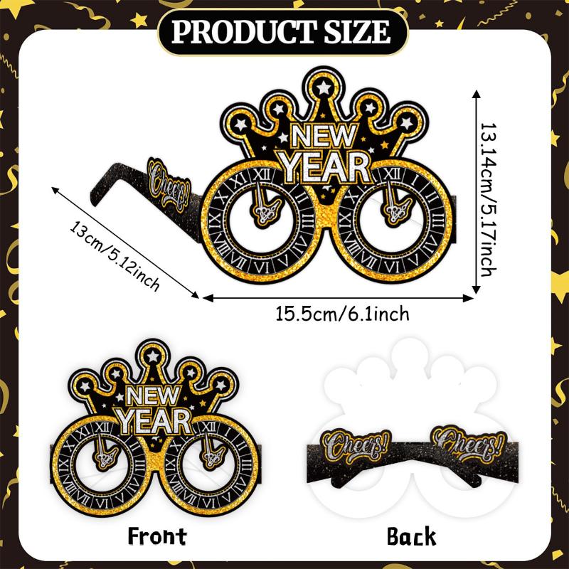 6Pcs/Set 2026 Happy New Year Black Gold New Year Paper Glasses Photo Props