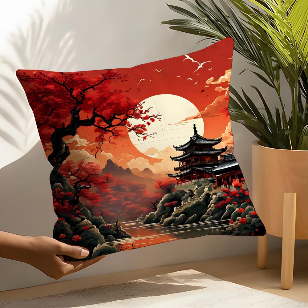 Retro Japanese Pagoda Landscape 1 Pillow Case Linen Cushion Covers For Decorative Sofa Home Pillows Case Car Chair Pillows Cases