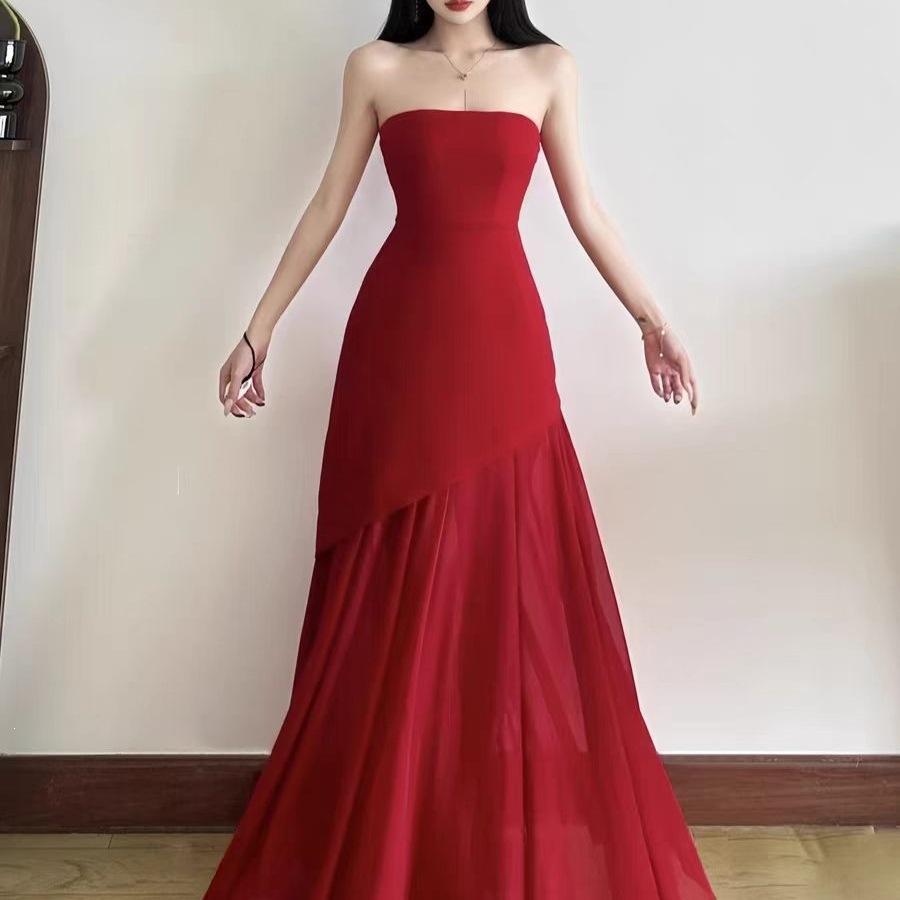 instunning European and American style temperament senior royal sister long dress banquet dress tube top mesh splicing pendulum dress