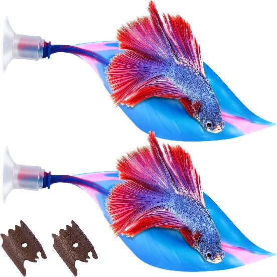 WILLBOND 2 Pcs Blue Pink Silicone Betta Fish Bed Leaf Hammock Betta Fish Tank Accessories Decorations for Aquarium Ornaments, Practical Resting Spot,