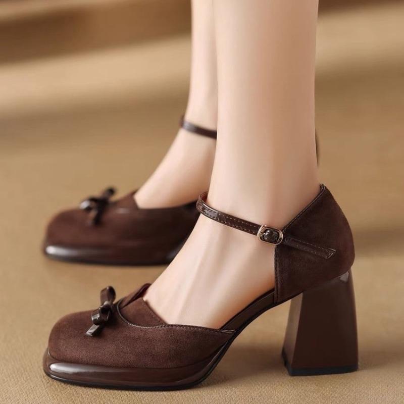 Fashion Sanded leather bow chunky heels with super high heel one-line sandals with bun toe for women brown all-in-one leather shoes