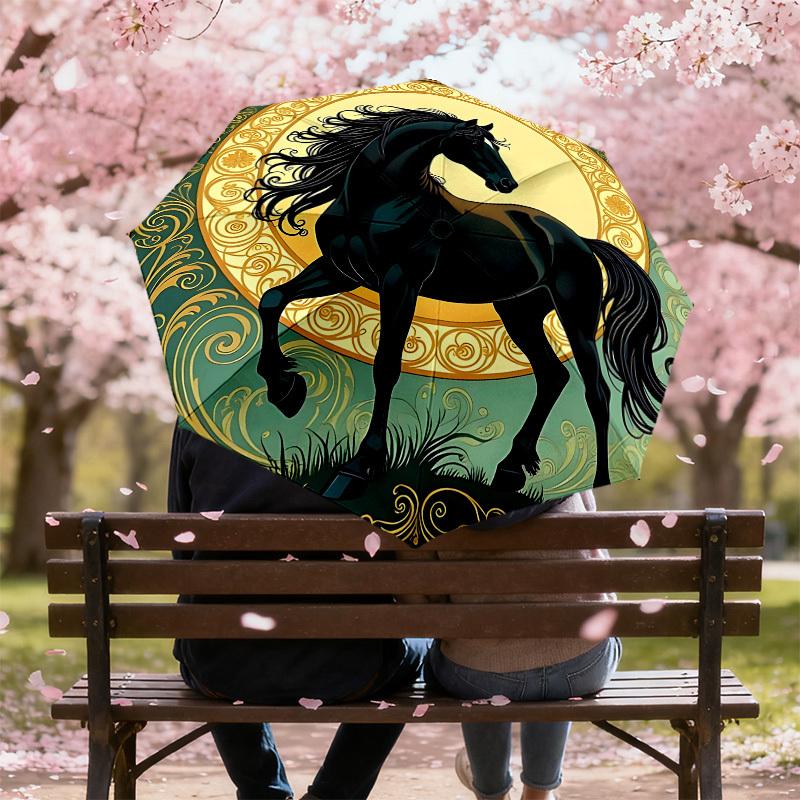 Black Horse Elegance: Luxury Umbrella with Intricate Floral Design   Auto Open/Close, Outdoor Protection, Travel Accessory, Lightweight & Durable 104