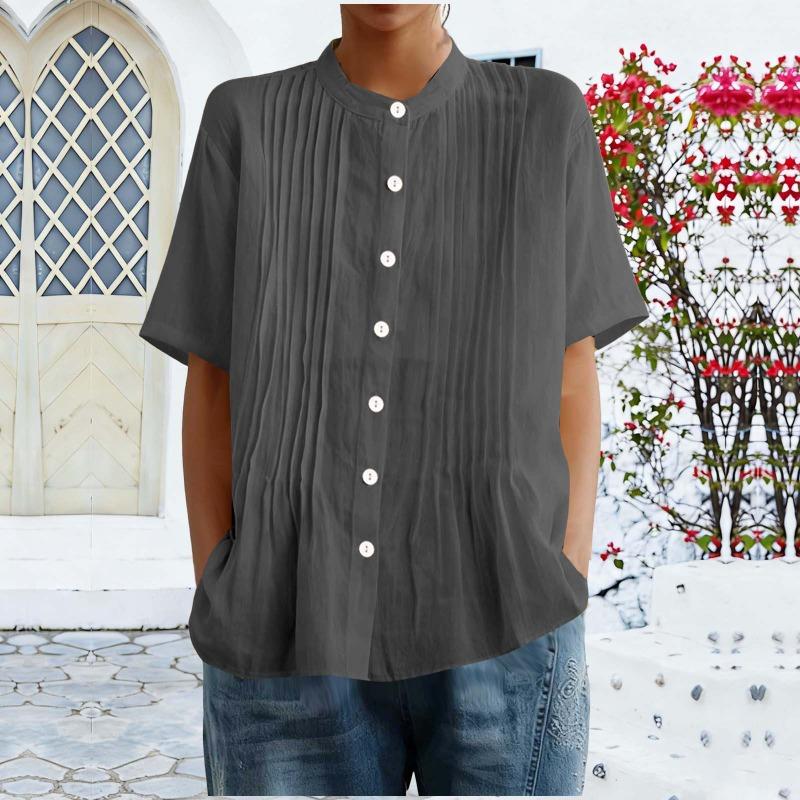 Damen Hellblau Plissierte Bluse Lässig Stehkragen Kurzarm Knopfleiste Einfarbiges Oberteil