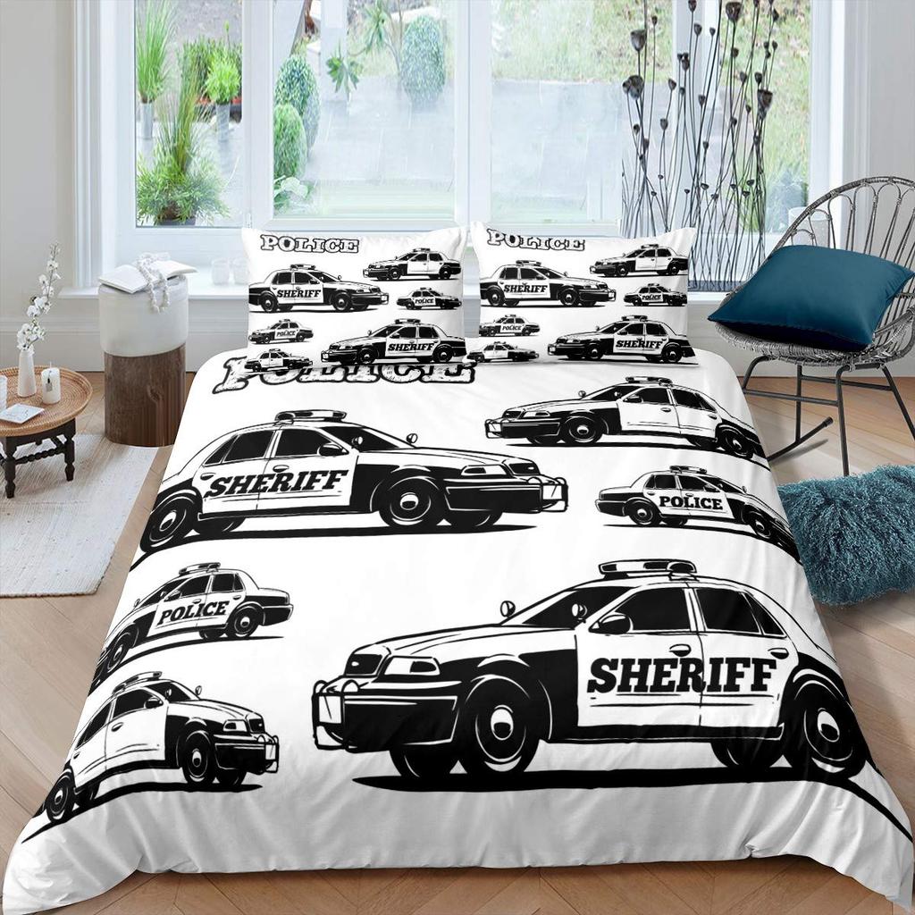 Police Car Duvet Cover Set Boys Cartoon Car Bedding Sets Full Size, Emergency Responder Vehicles Comforter Cover Set Blue Grey