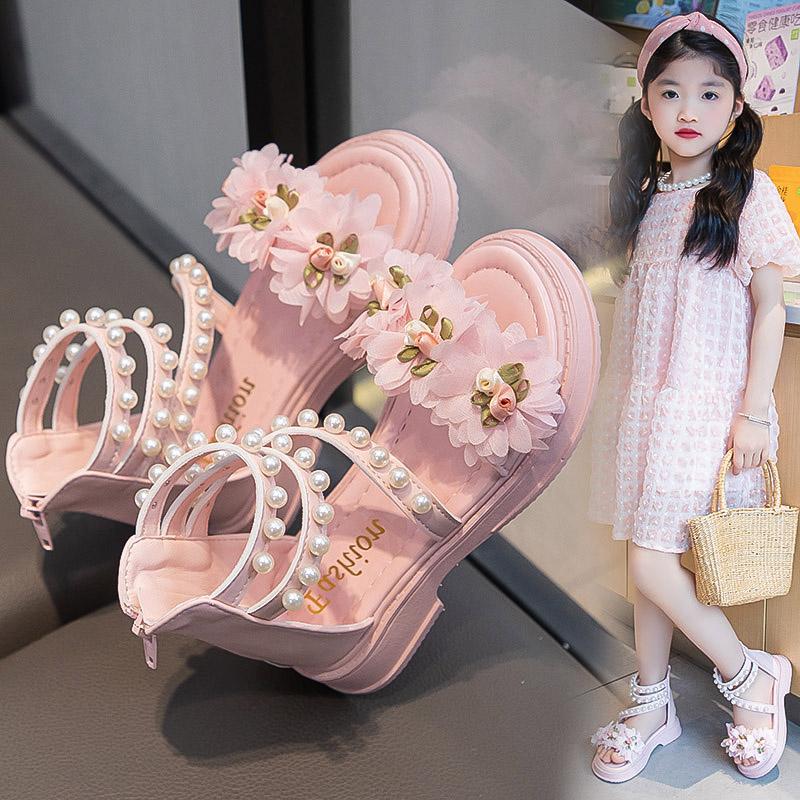 Girls Princess Shoes with Sweet Flowers Pearls Kids Roman Sandals Back Zipper 2025 Summer New Children Beach Shoes Soft Sole