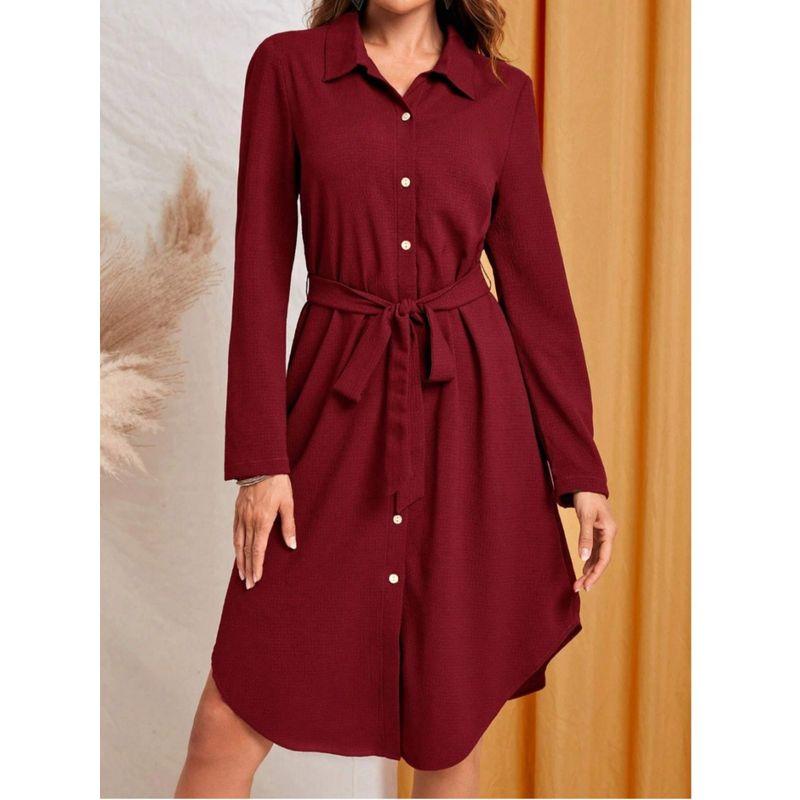 Spring and Autumn New Western Style Fashion Commuter Ol Single-Breasted Lace-up Waist Hugging Mid-Length Solid Long Sleeve Dress Women
