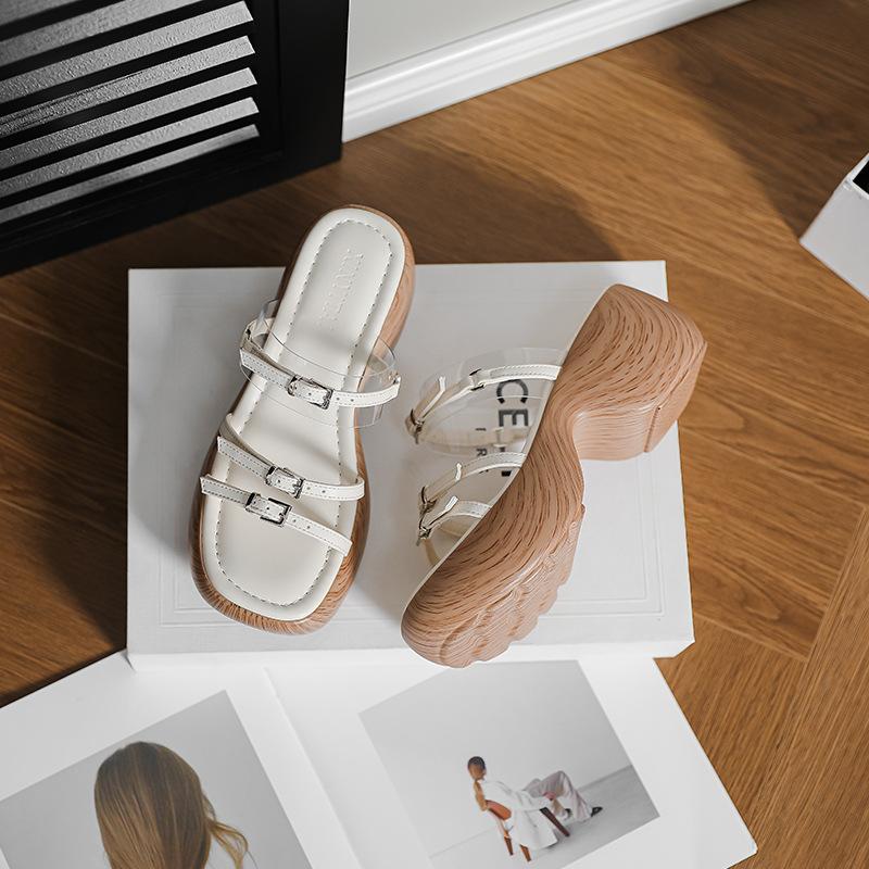 Platform Sandals Women's Fine Strap Wood Grain Summer New Vacation Slope Heel Soft Sole Heightening Word with Roman Shoes Slippers