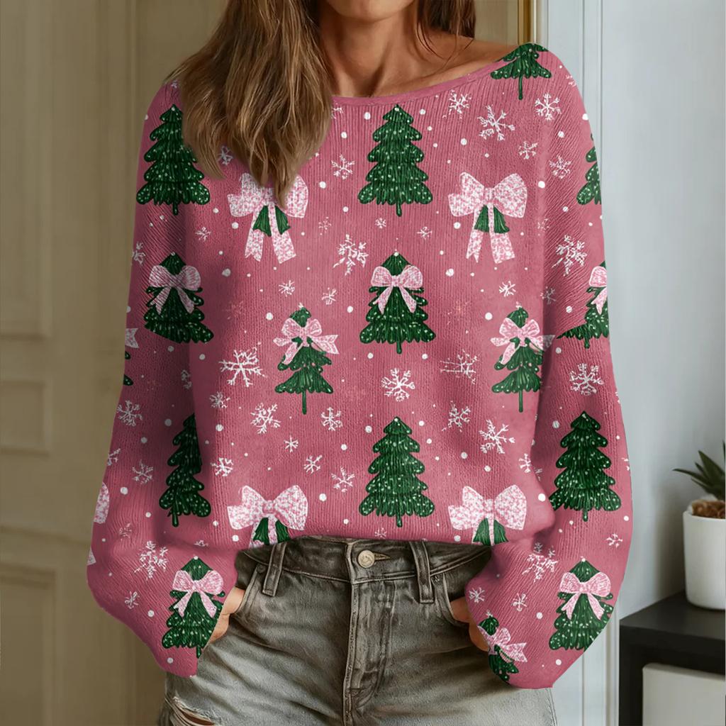 Women's Fashion Round Neck Long Sleeve Christmas Print Casual Pullover Sweater Top