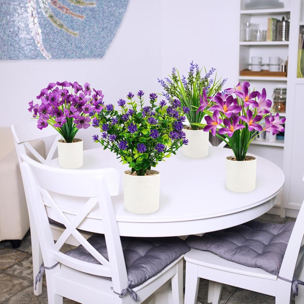 4 Packs Fake Plants Mini Purple Artificial Potted Flowers Small Faux Plants Indoor for Home Office Bathroom Farmhouse Tabletop Spring Decor