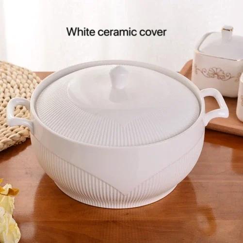 Ceramic Soup Pot Nordic Phnom Penh White Round 2.6L Large Bowl with Lid Cooking Utensils Household Kitchen Supplies Tableware