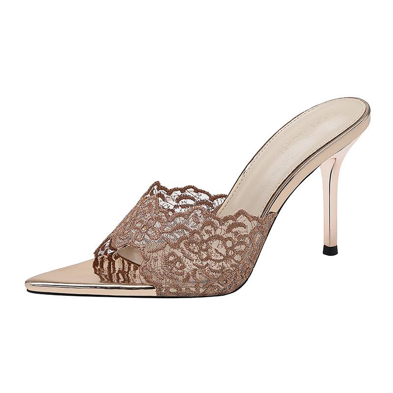 

Кружевные шлепанцы на высоком каблуке цвета шампанского, женские новые универсальные шпильки, нишевые сандалии с острым носком на одно слово, лето 40