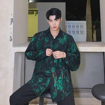 Men's Retro Rose Print Loose Western-Style Shiny Shirt for Trendy Hairdressers